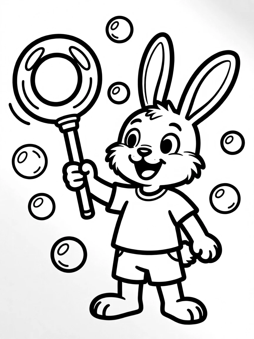 A rabbit blowing bubbles with a giant bubble wand.