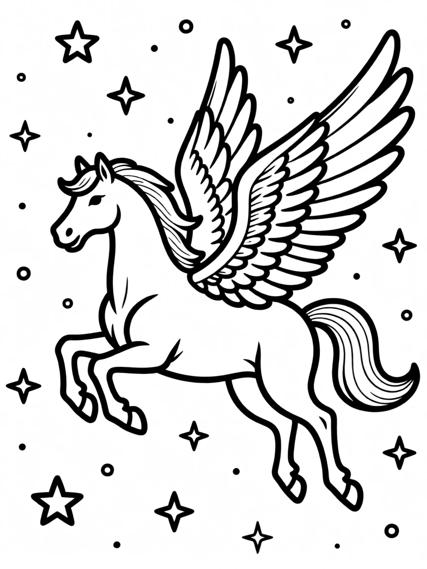 A horse with wings, flying through a starry night.