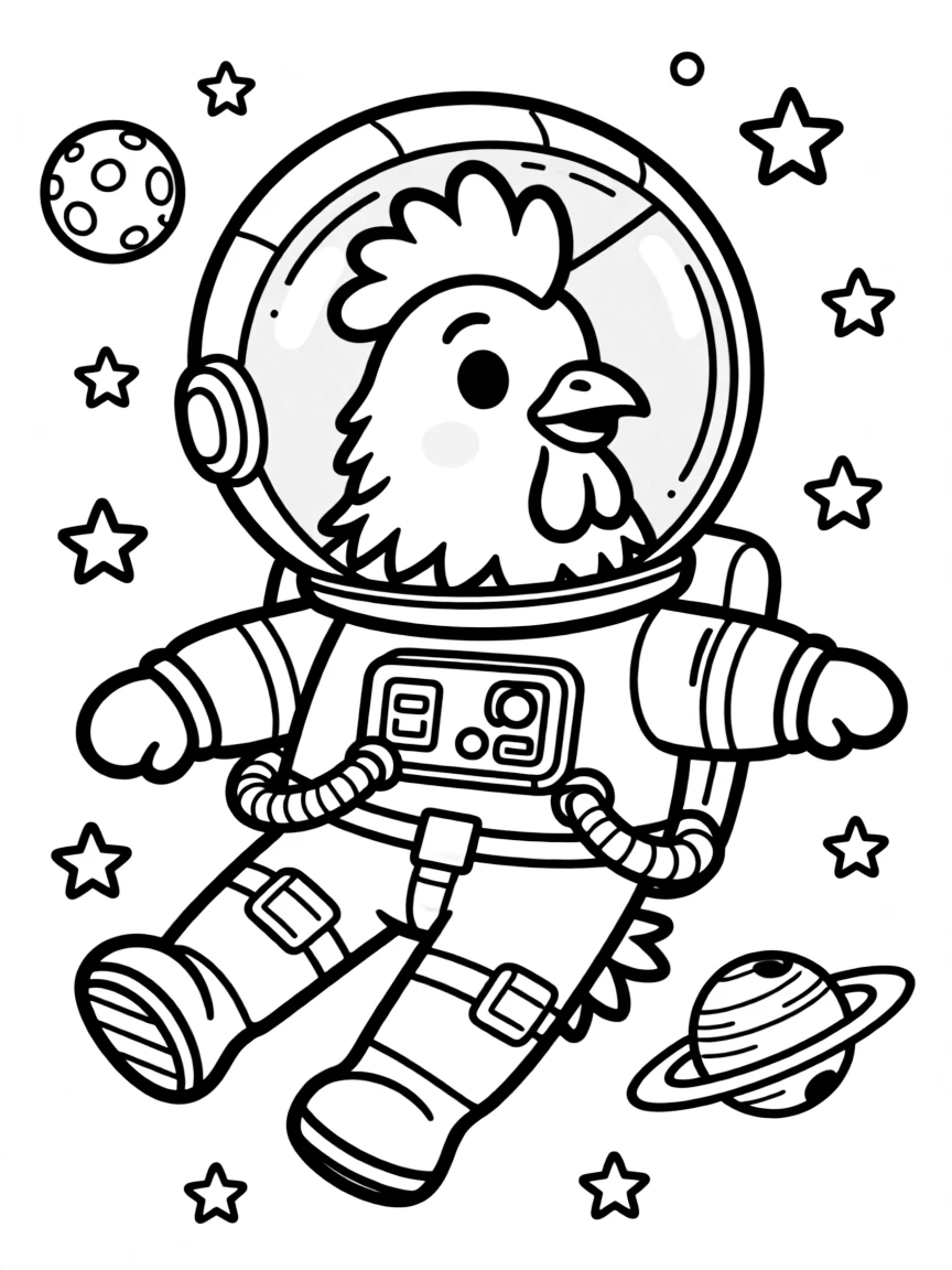 A rooster dressed as an astronaut, floating in space.