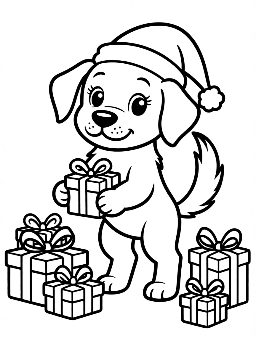 A dog wearing a tiny Santa hat, delivering presents.