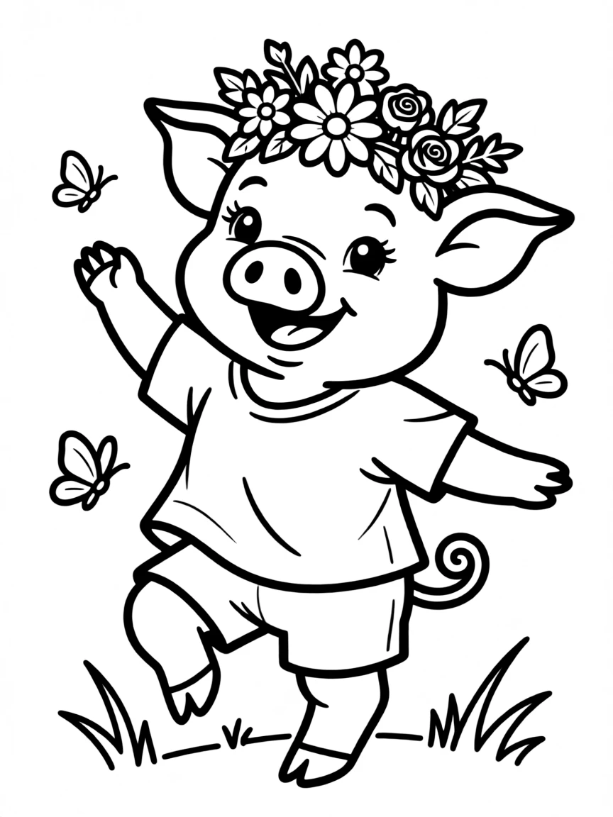 A pig wearing a crown of flowers, dancing happily.