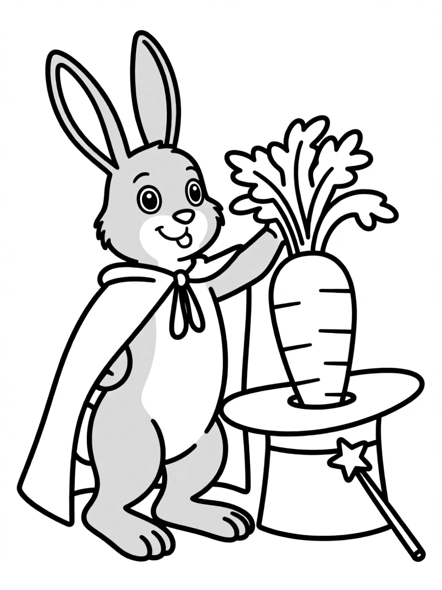 A rabbit dressed as a magician, pulling a carrot from a hat.