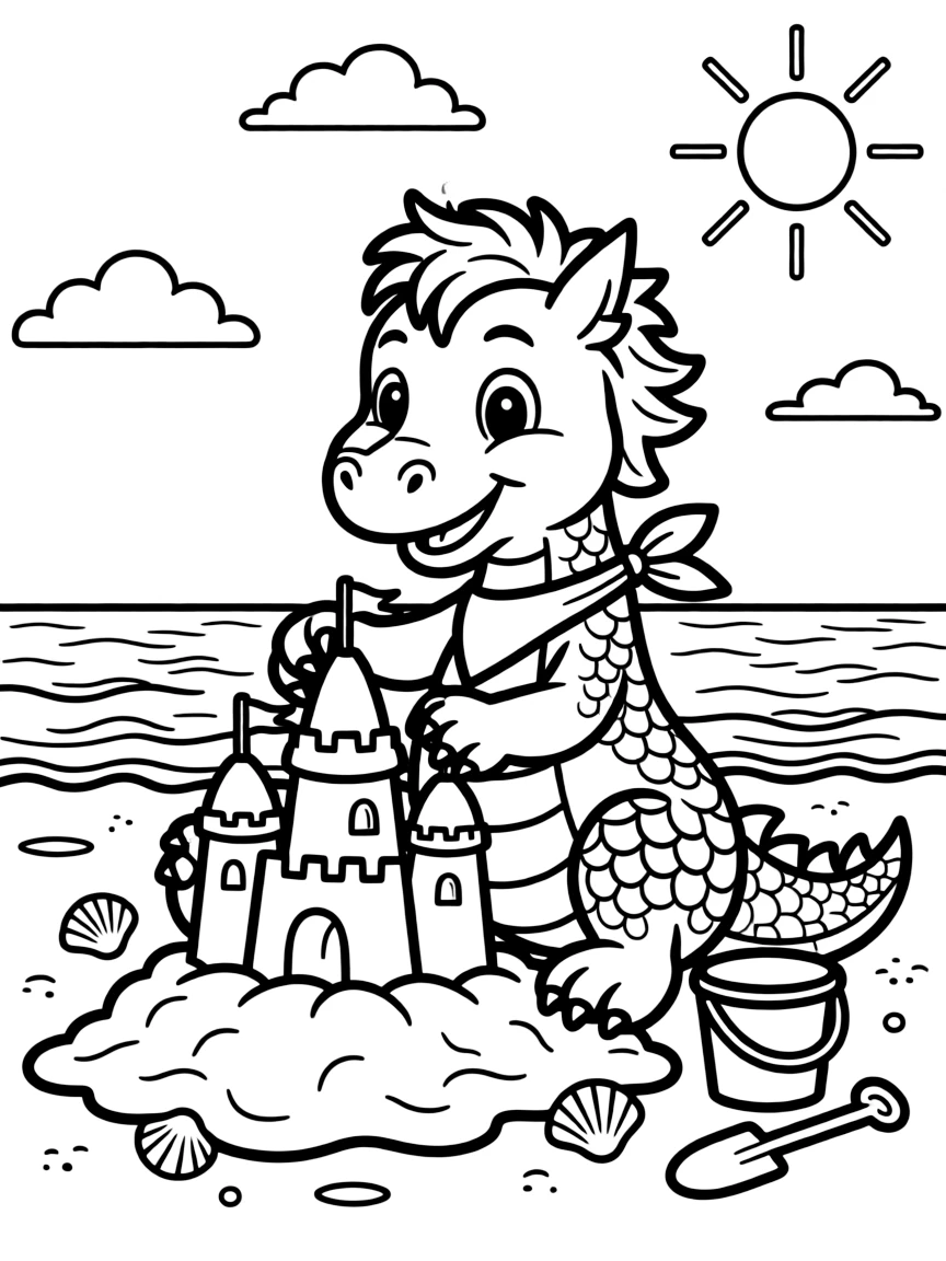 A dragon building a sandcastle on a beach.