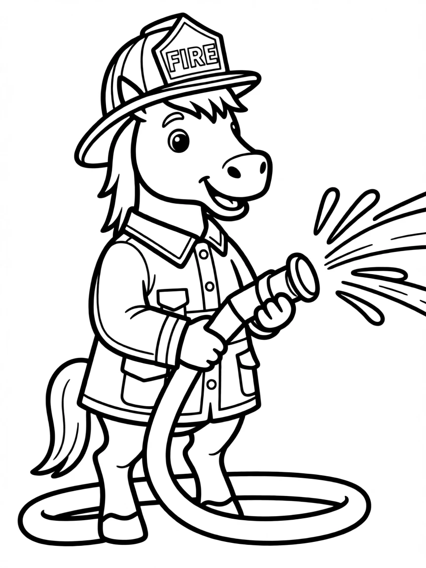 A horse dressed as a firefighter, holding a hose.
