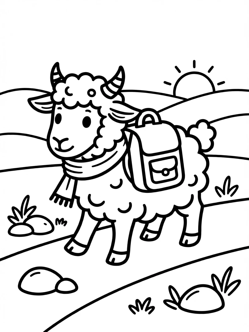 A sheep wearing a tiny backpack, going on a hike.