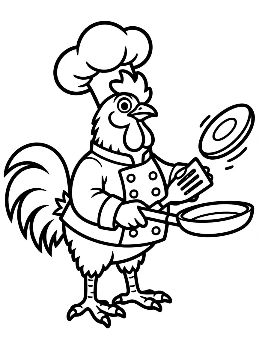 A rooster dressed as a chef, flipping pancakes.