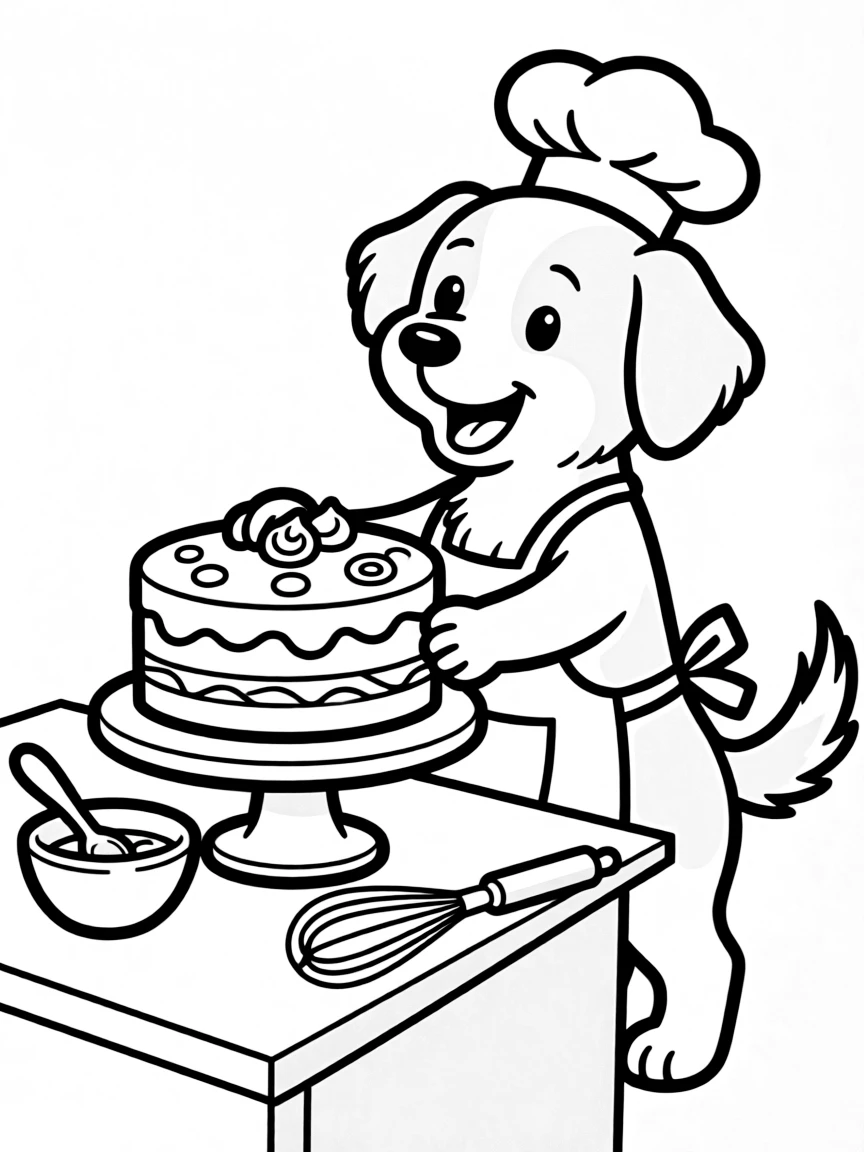 A dog wearing a tiny chef's hat, baking a cake.