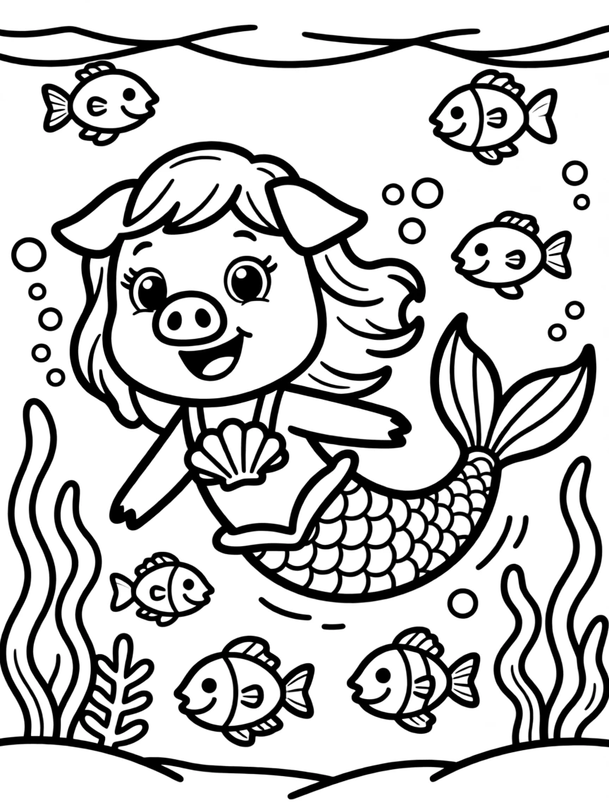 A pig dressed as a mermaid, swimming with fish.