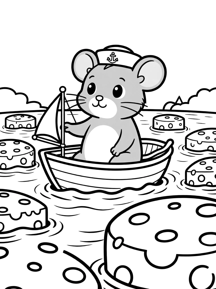 A rat in a tiny boat, sailing on a cheese-filled lake.