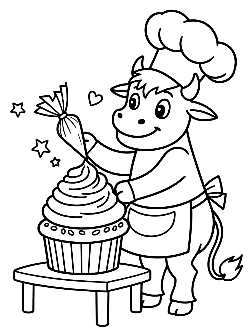 An ox wearing a baker's hat, decorating a giant cupcake.