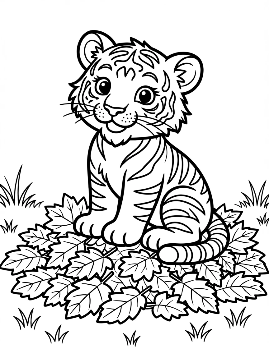 A tiger cub playing in a pile of autumn leaves.