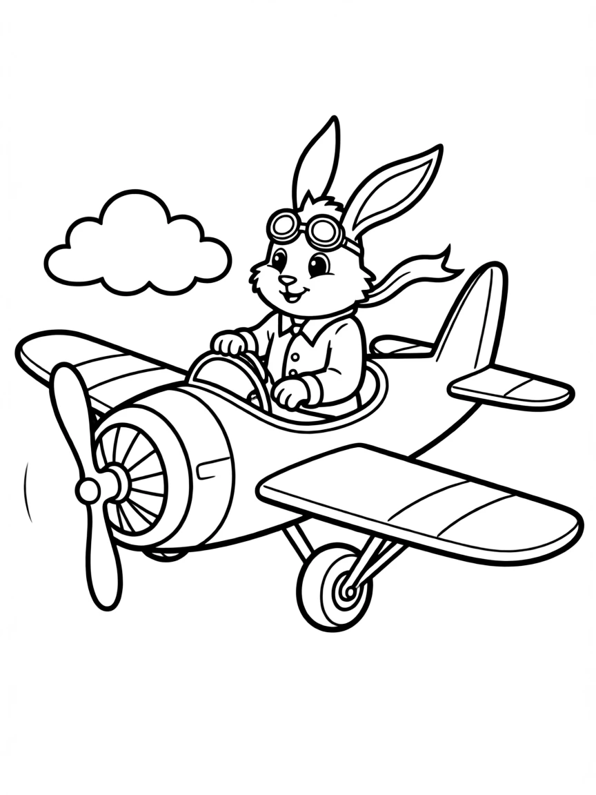 A rabbit dressed as a pilot, flying a small airplane.