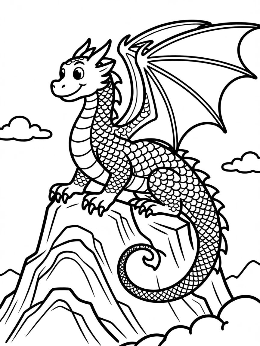 A dragon with shimmering scales, perched on a mountain.