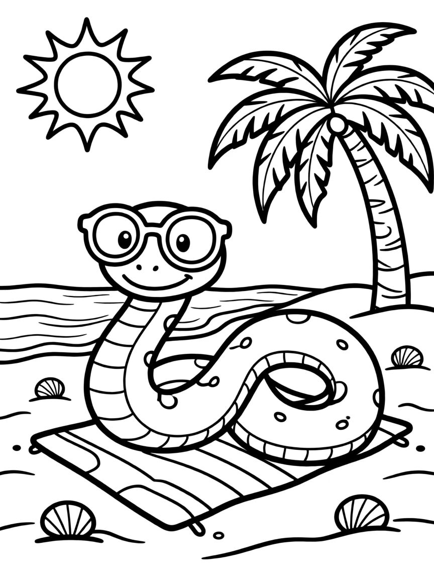 A snake wearing sunglasses, lounging on a beach.