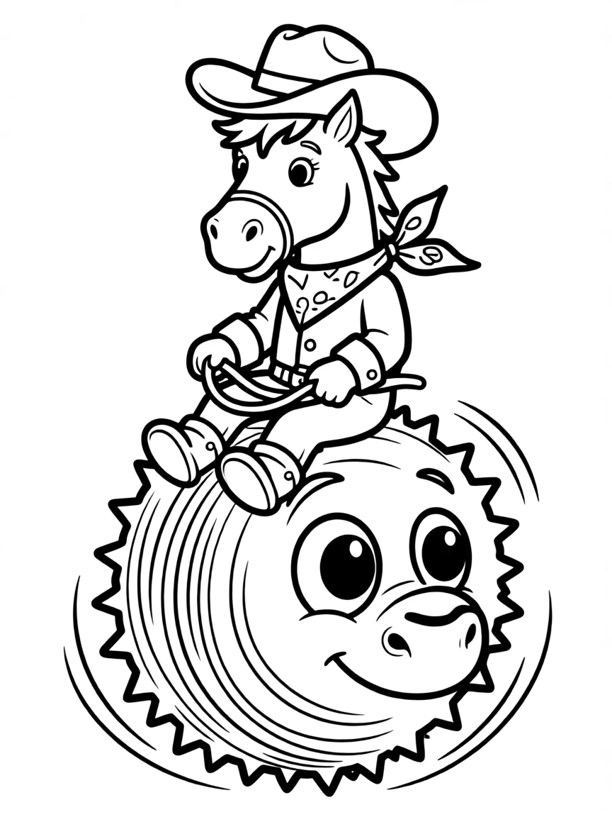 A horse dressed as a cowboy, riding a playful tumbleweed.