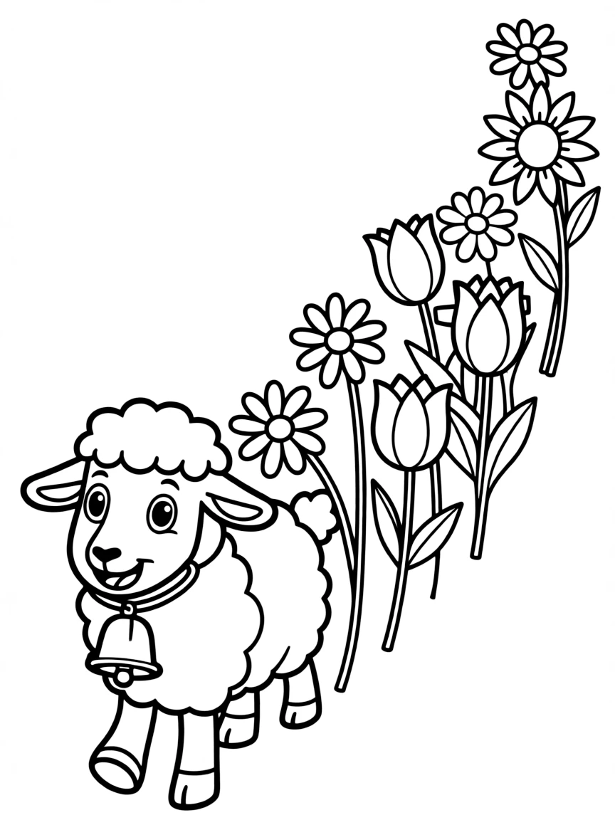 A sheep wearing a tiny bell, leading a procession of flowers.