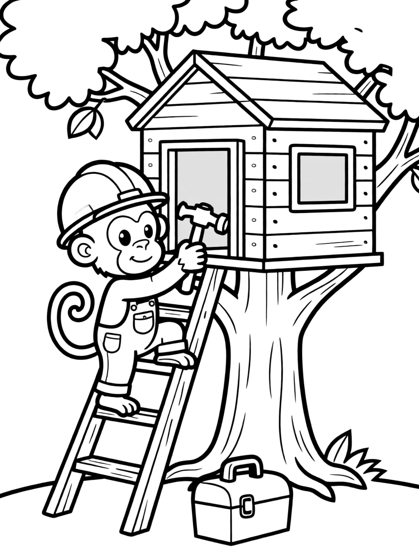 A monkey wearing a construction helmet, building a treehouse.