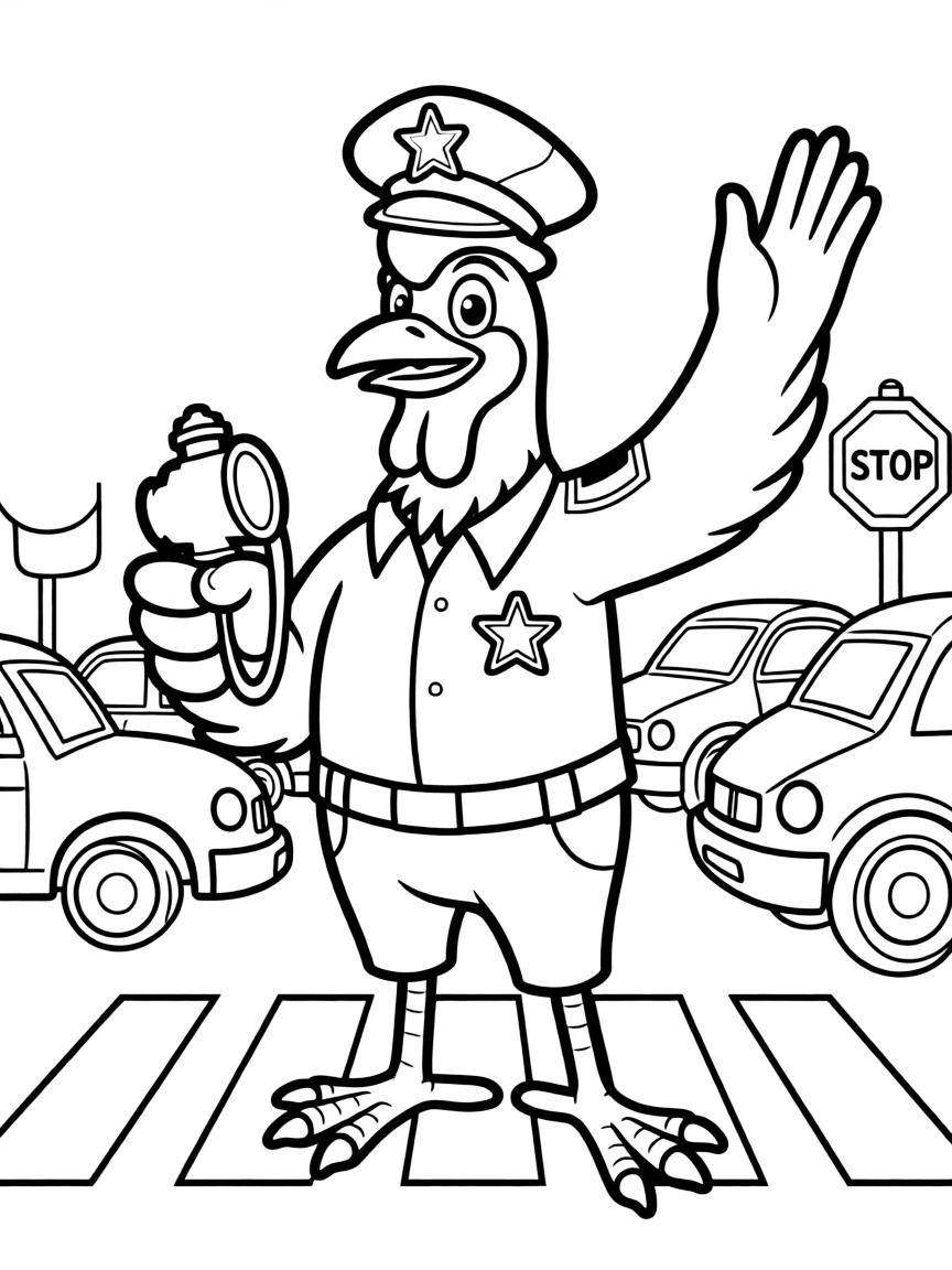 A rooster dressed as a police officer, directing traffic.