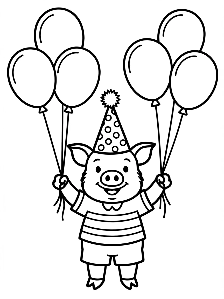 A pig wearing a party hat, juggling colorful balloons.