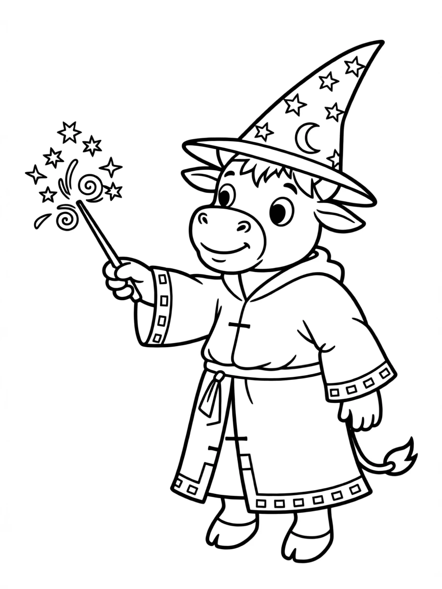 An ox wearing a wizard's hat, casting a spell with a wand.