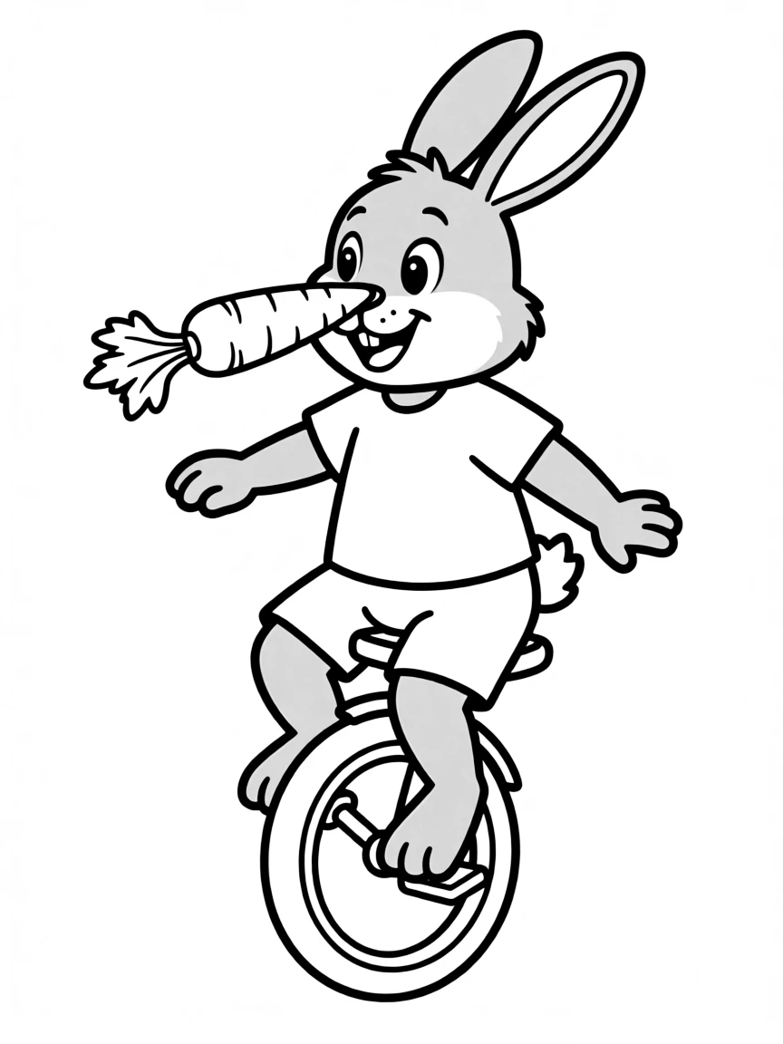 A rabbit riding a unicycle, balancing a carrot on its nose.