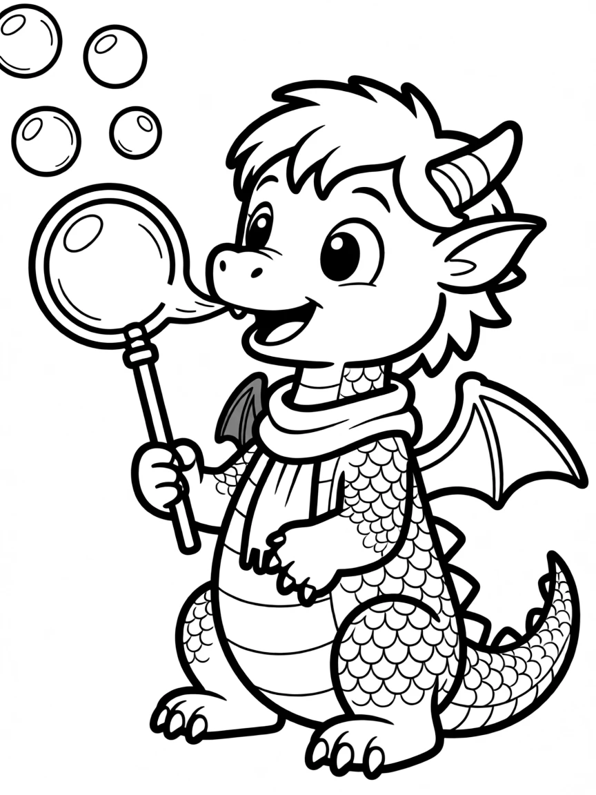 A dragon blowing bubbles with a giant bubble wand.