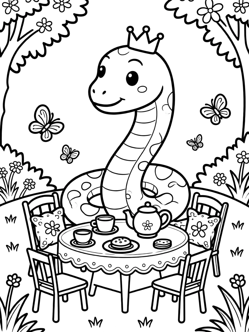 A snake wearing a tiny crown, presiding over a garden tea party.
