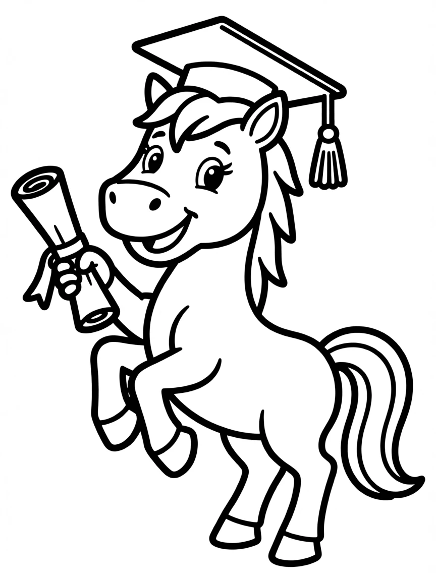 A horse wearing a graduation cap, holding a diploma.