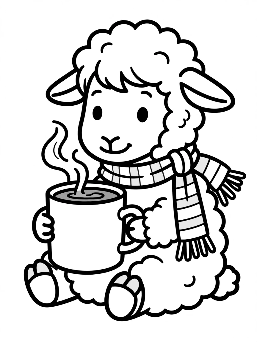 A sheep wearing a tiny scarf, sipping hot cocoa.