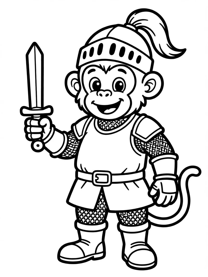 A monkey dressed as a knight, holding a toy sword.