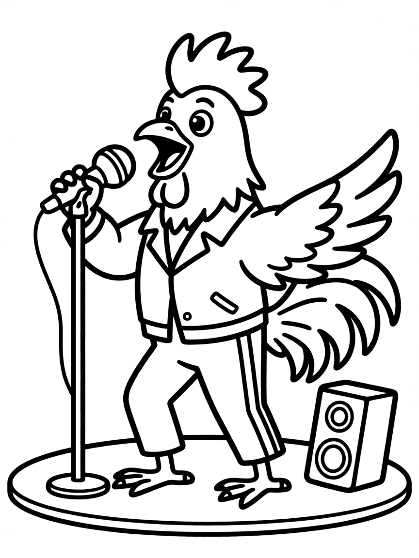A rooster dressed as a pop star, singing into a microphone.