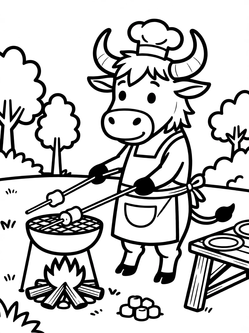 An ox wearing a tiny chef's hat, grilling marshmallows.