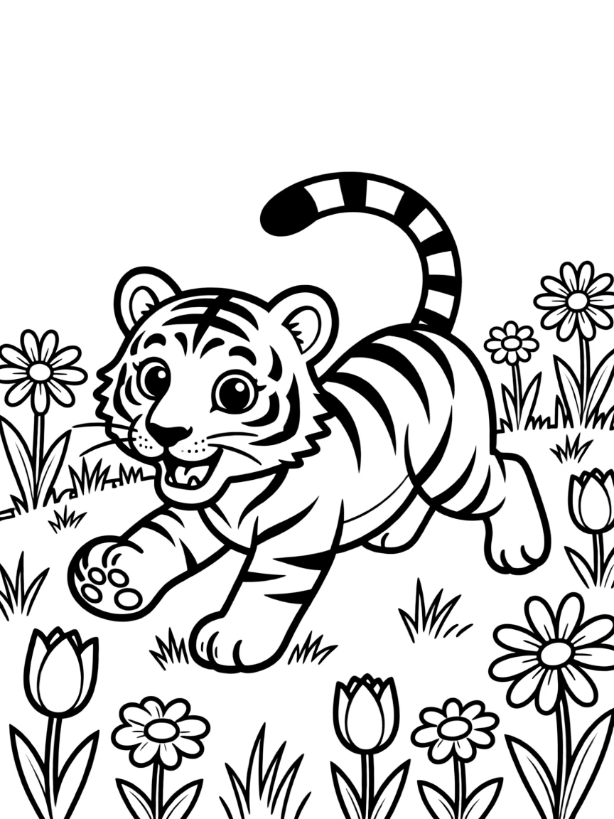 A tiger cub chasing its tail in a field of flowers.