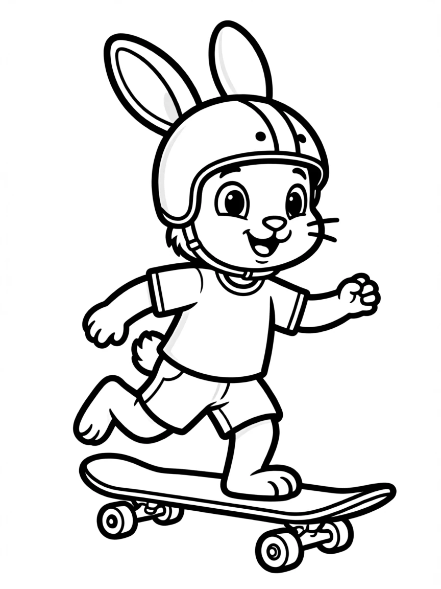 A rabbit riding a skateboard, wearing a helmet.