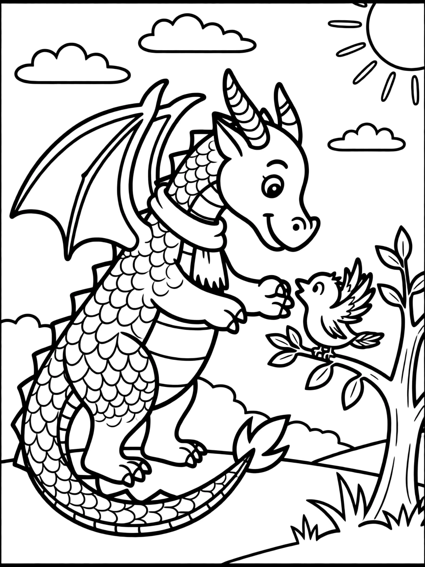 A dragon helping a tiny bird learn to fly.