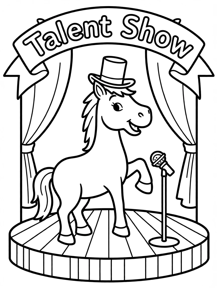 A horse wearing a tiny top hat, performing on stage.