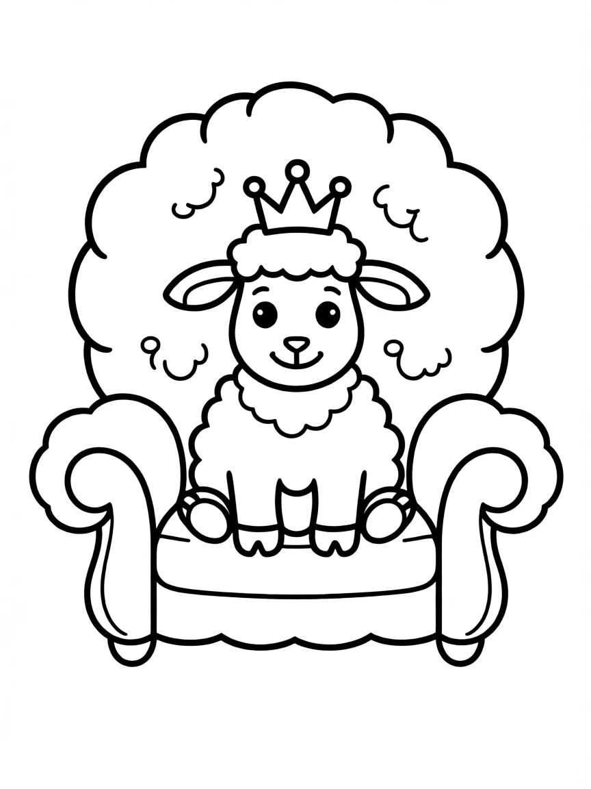 A sheep wearing a tiny crown, sitting on a fluffy throne.