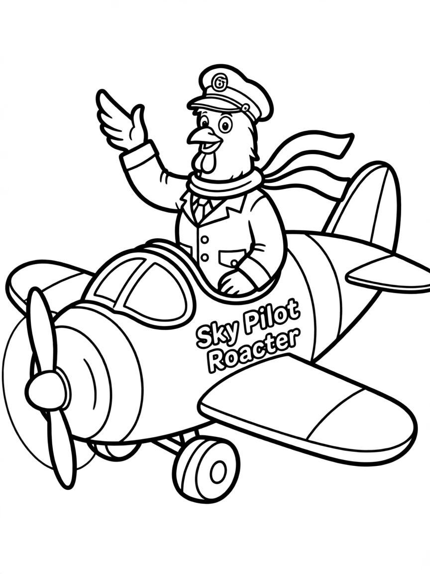 A rooster dressed as a pilot, waving from an airplane.