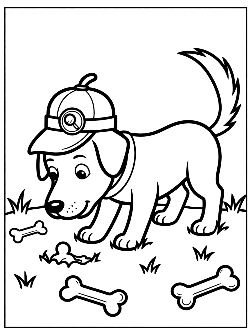 A dog wearing a tiny detective hat, searching for bones.