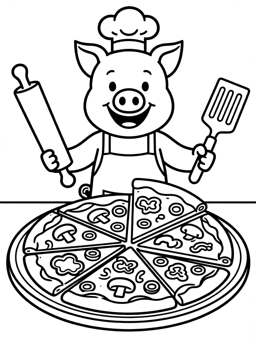 A pig wearing a tiny chef's hat, making a giant pizza.