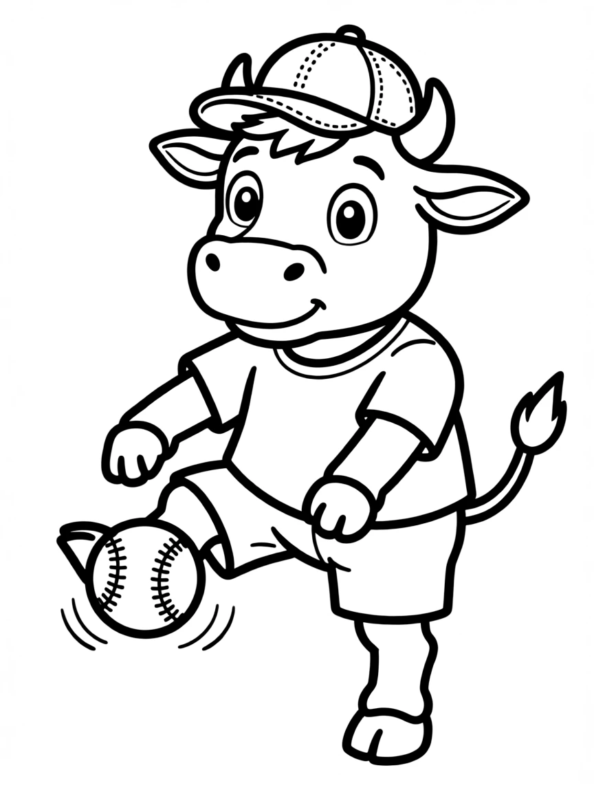 An ox wearing a tiny baseball cap, playing catch.