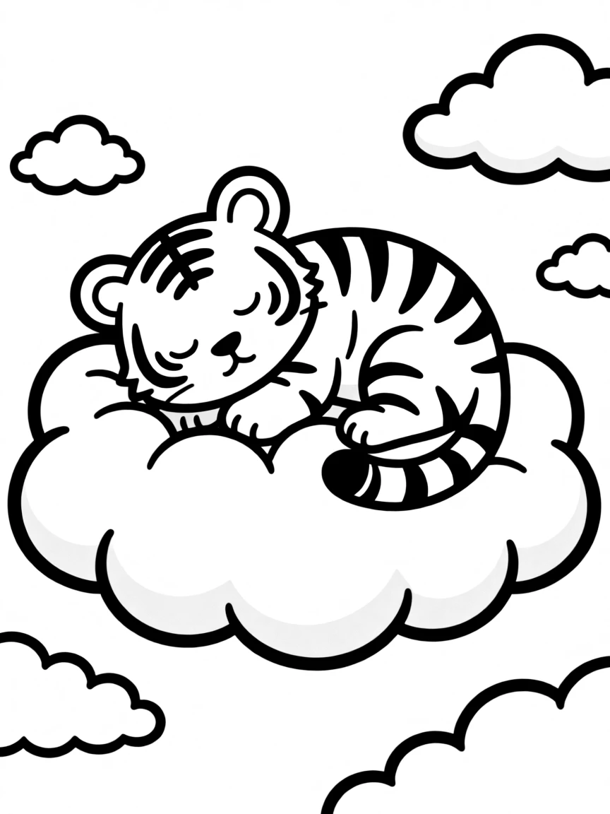 A tiger cub napping on a giant, fluffy cloud.