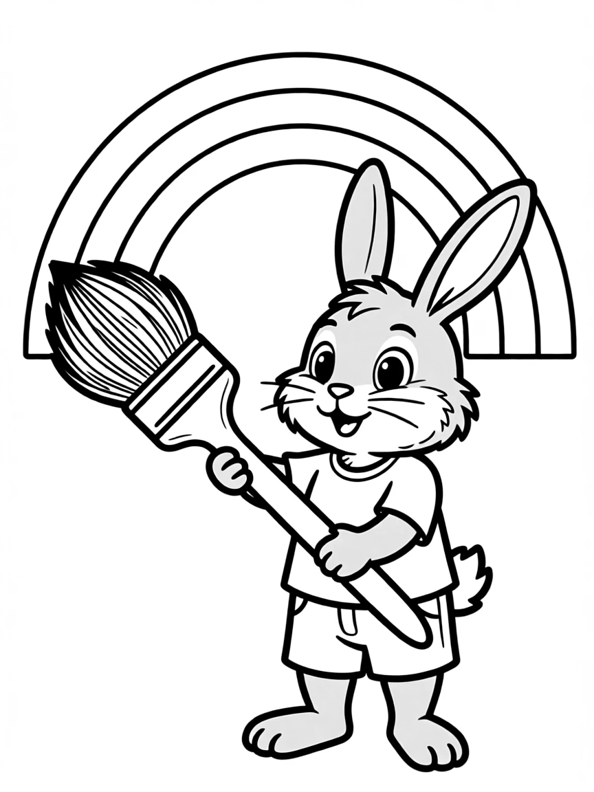A rabbit holding a giant paintbrush, painting a rainbow.