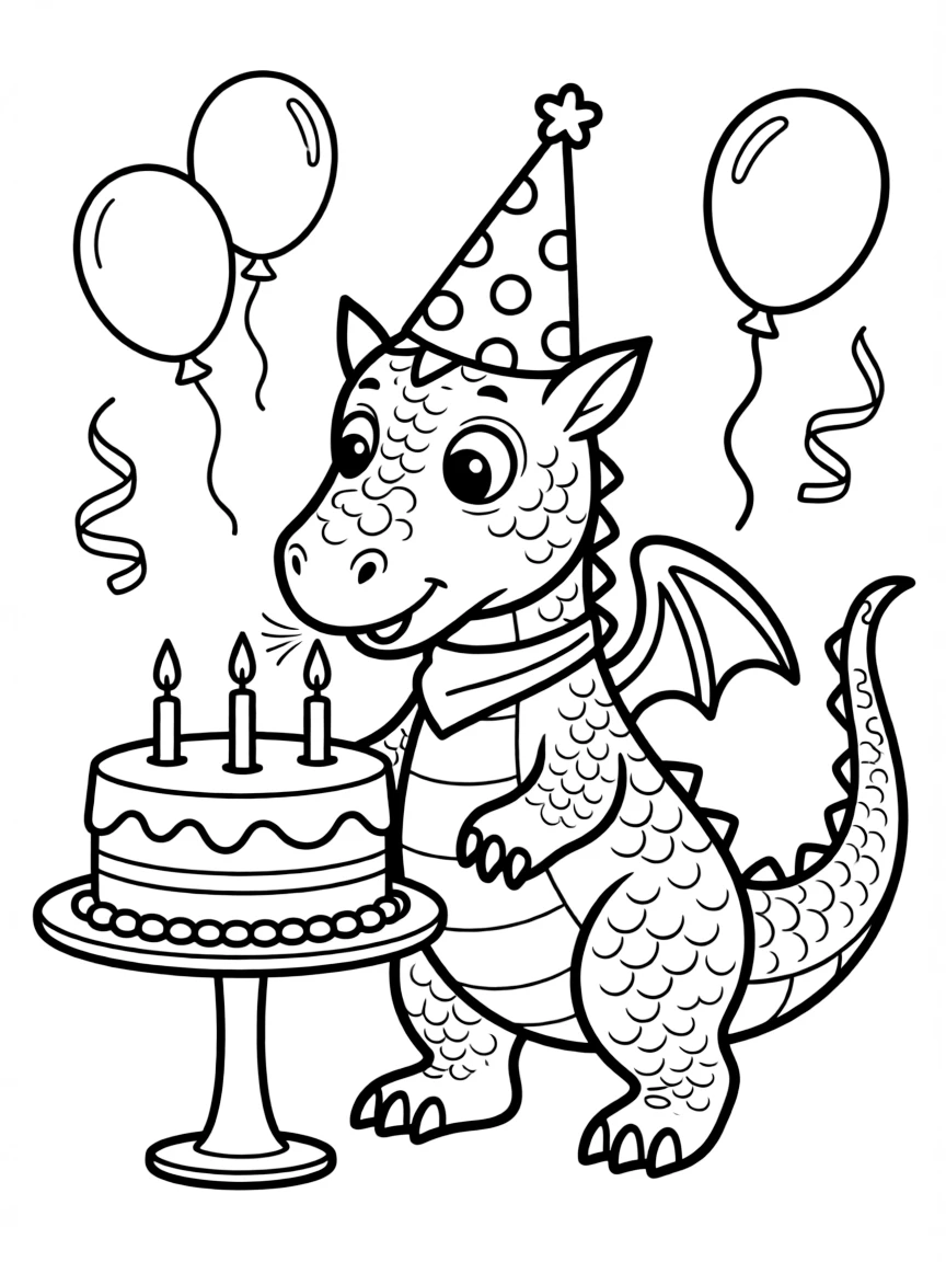 A dragon wearing a party hat, blowing out candles on a cake.