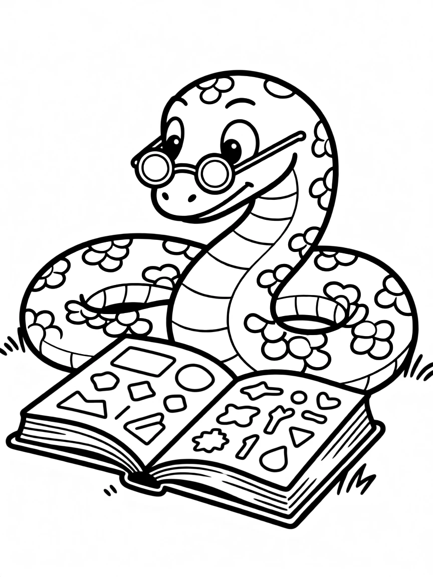 A snake wearing tiny spectacles, reading a giant book.