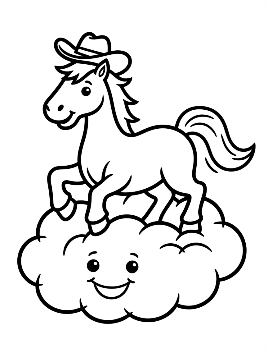 A horse wearing a tiny cowboy hat, riding a friendly cloud.
