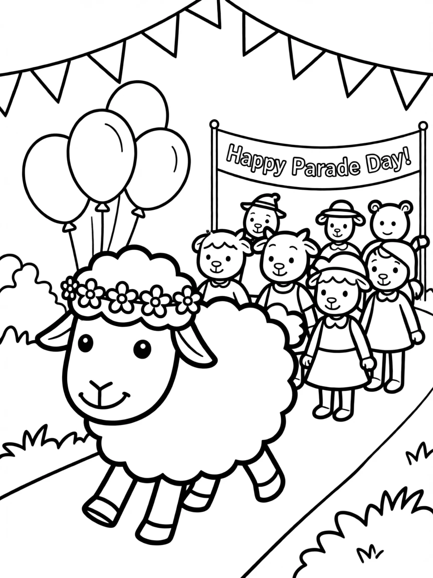 A sheep wearing a tiny flower crown, leading a parade.