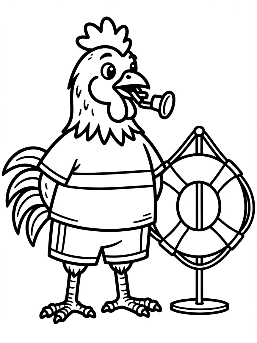 A rooster dressed as a lifeguard, blowing a whistle.