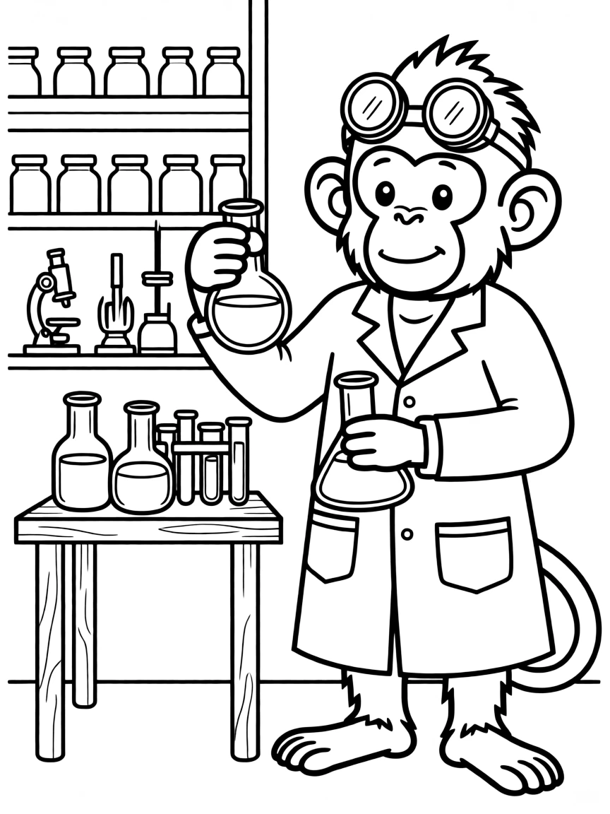 A monkey dressed as a scientist, mixing colorful potions.