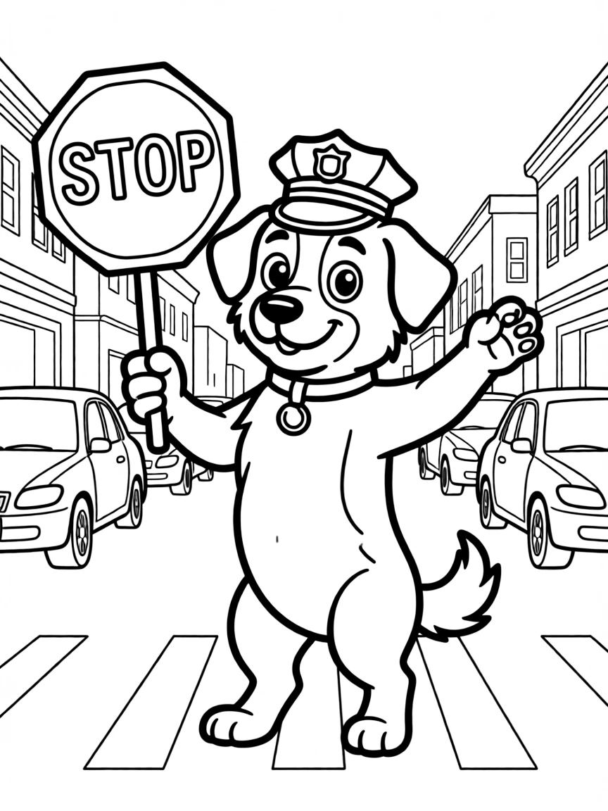 A dog wearing a tiny police hat, directing traffic.